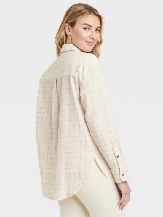 Universal Thread Tops - Universal Thread Cotton Oversized Cream Windowpane Plaid Shirt S
